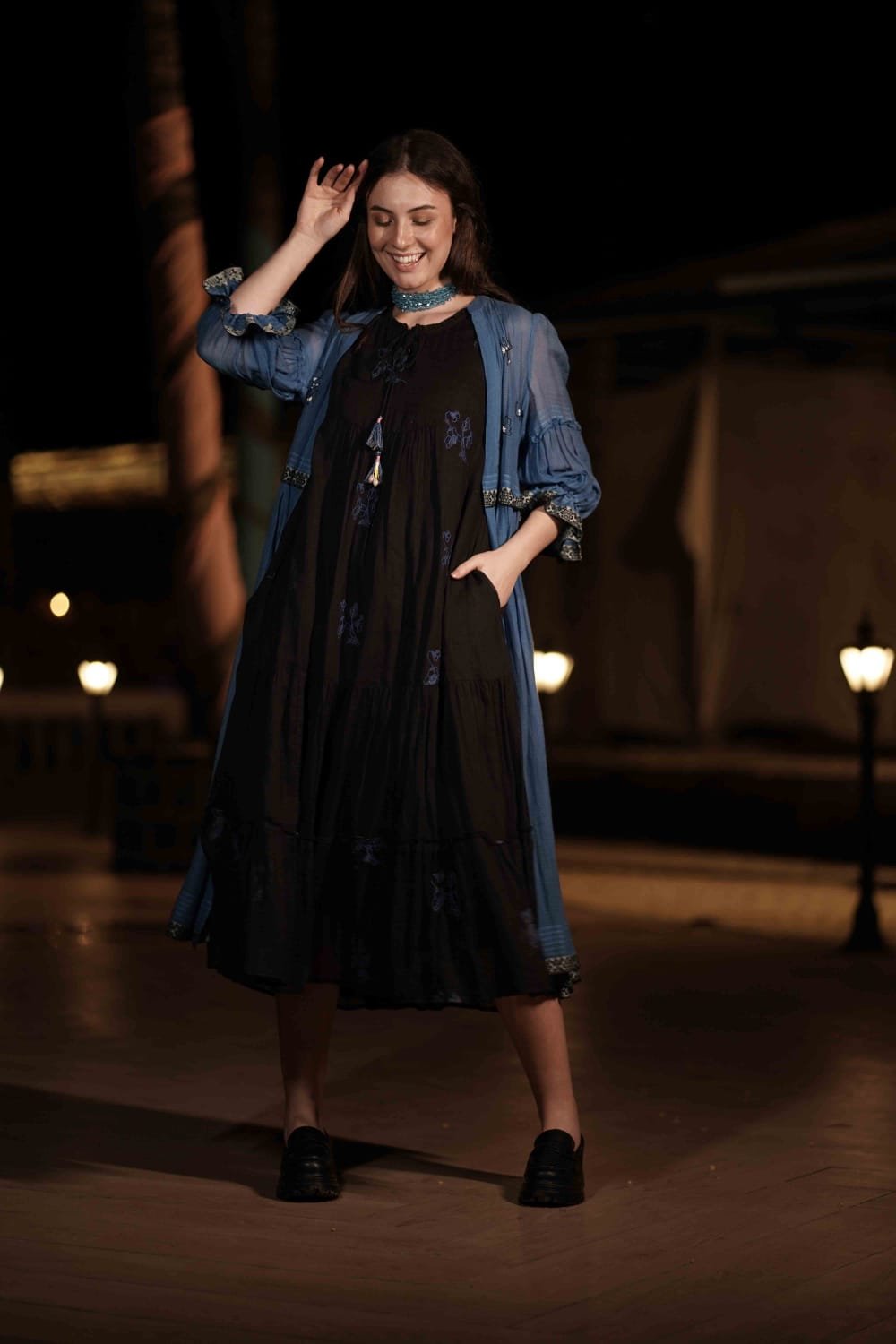 Midnight Blue Jamdani Tiered Midi with Layered Overlay