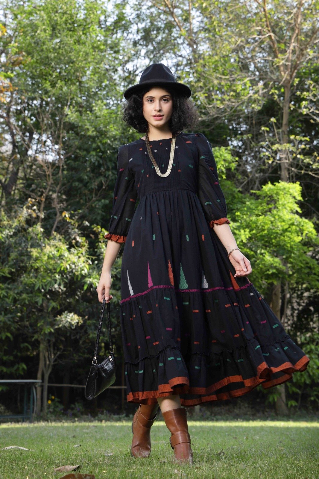 Onyx Jamdani Tiered Midi Dress