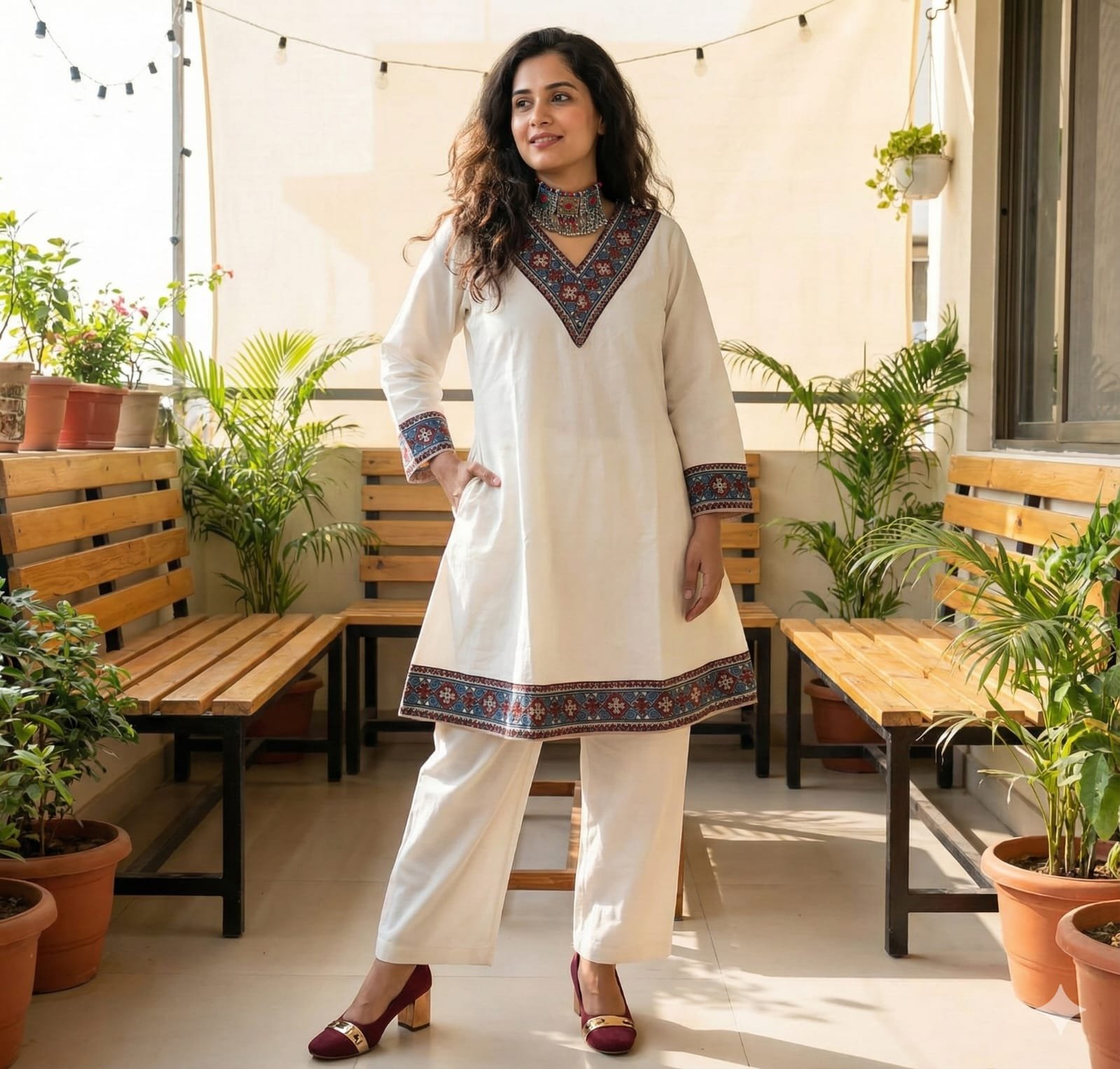 Ajrakh A-Line Farshi Set - White