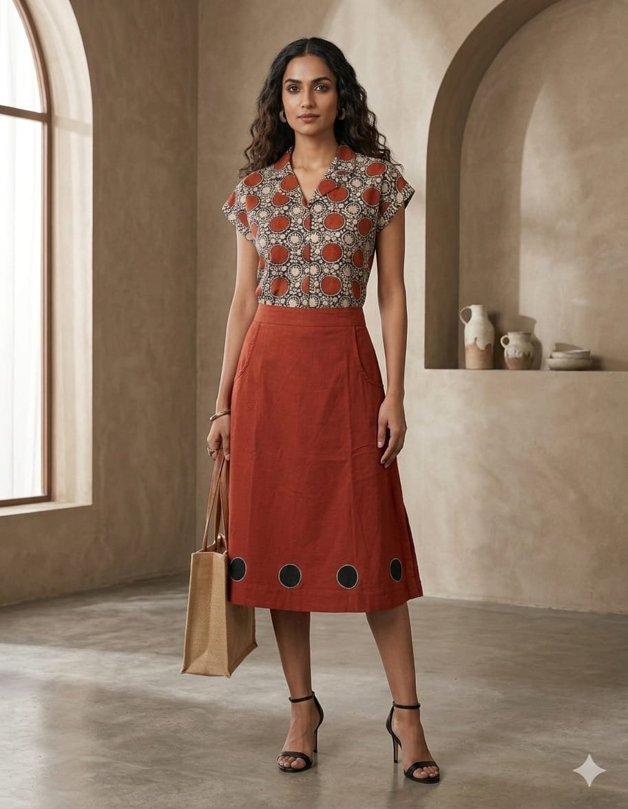 Polka Ajrakh skirt top set