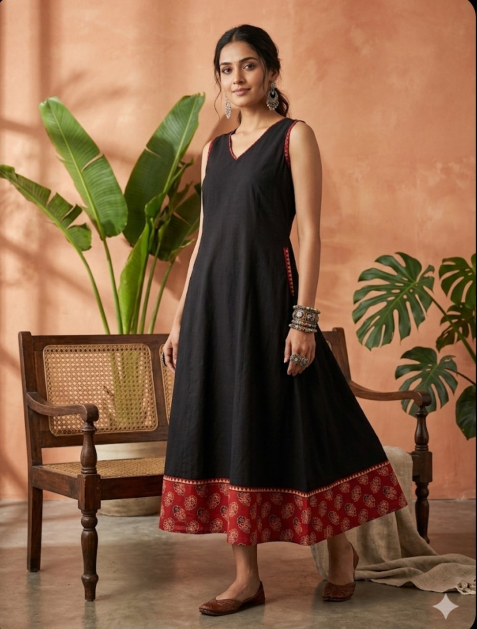 Black Ajrakh Sleeveless Maxi Dress with Pockets