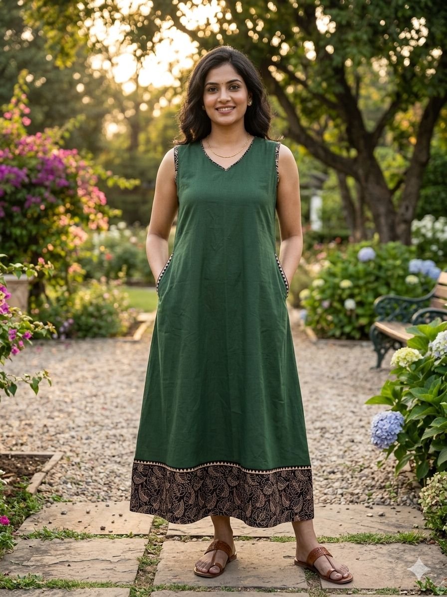 Green Ajrakh Sleeveless Maxi Dress with Pockets