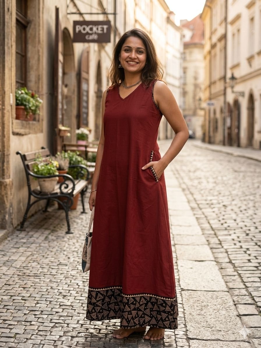Maroon Ajrakh Sleeveless Maxi Dress with Pockets