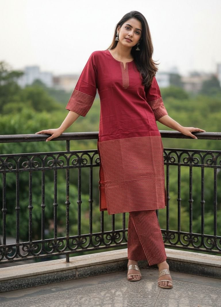 Maroon Striped Cotton Co-ord Set