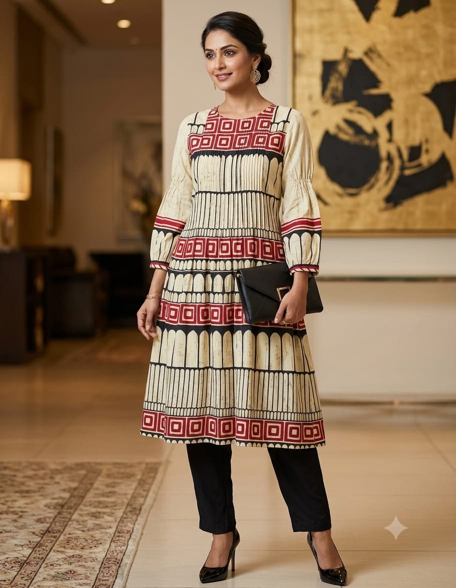 The Crepe Cotton Set – Cream & Crimson Geometric Fusion