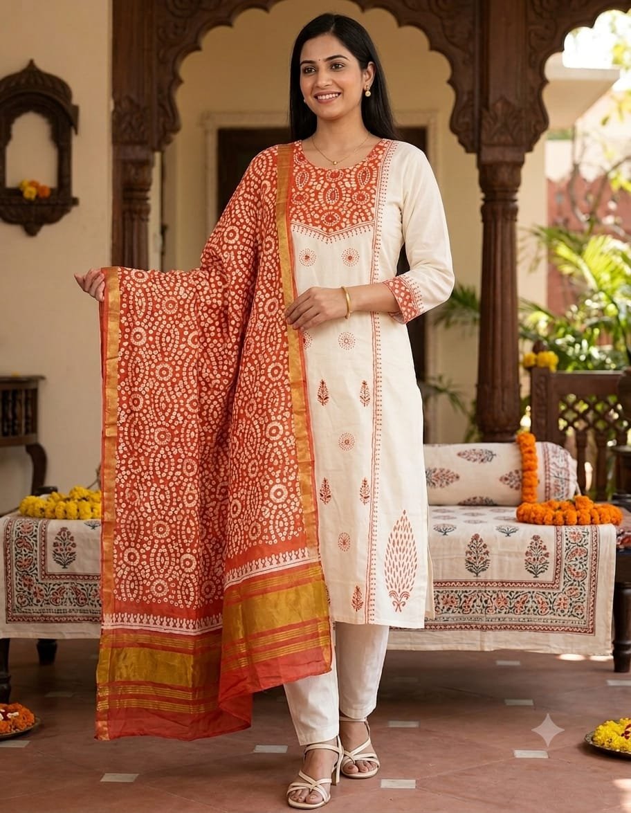 Heritage Bandhani Cotton Salwar Suit with Mirror Work