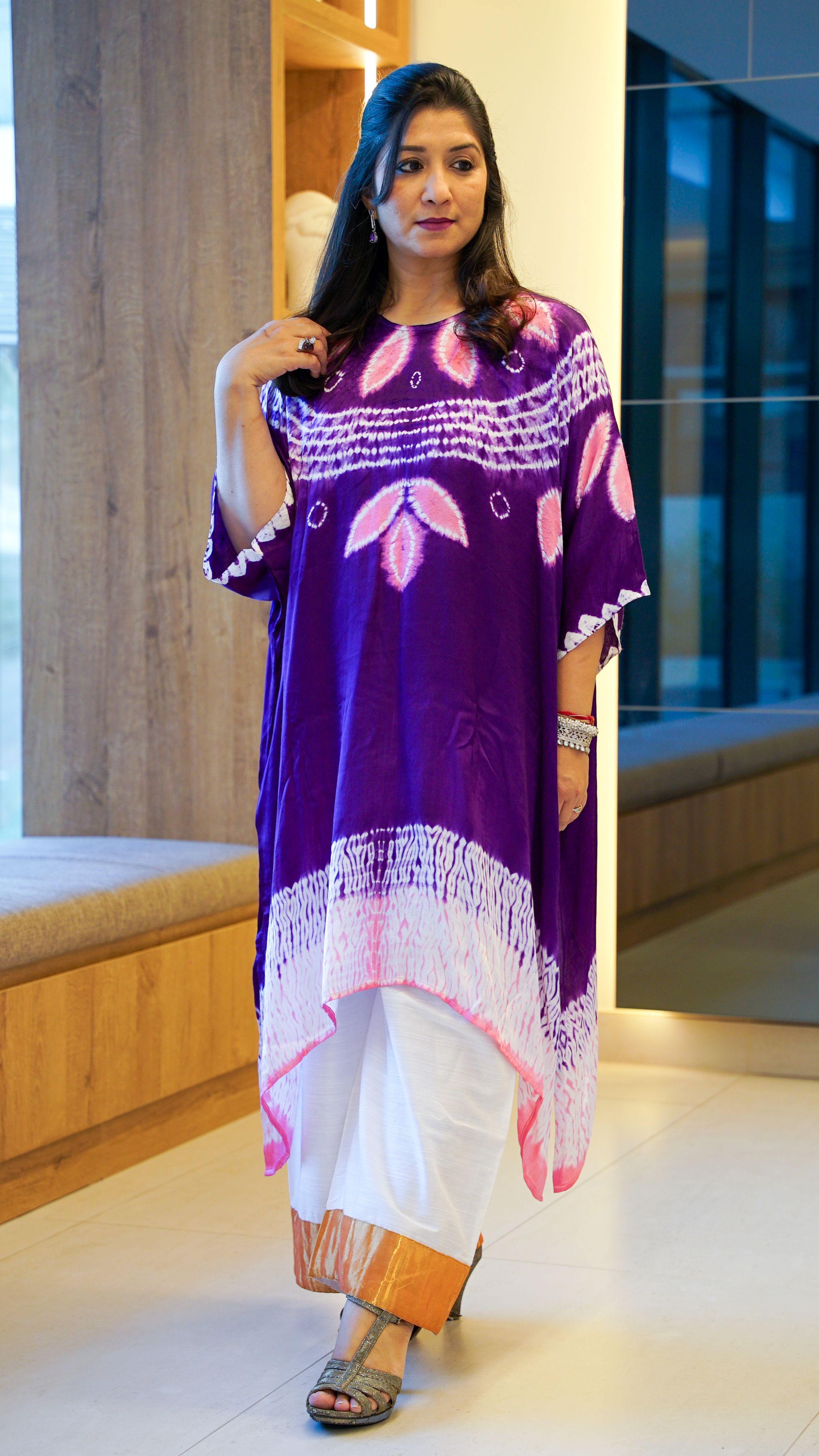 Purple Shibori Bandhej Kaftan Set with Tissue-Border Pants