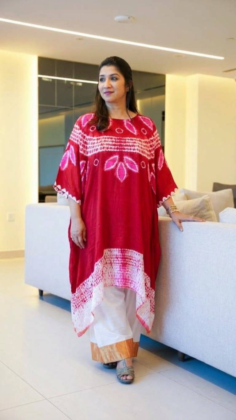 Shibori Bandhej Kaftan Set with Tissue-Border Pants
