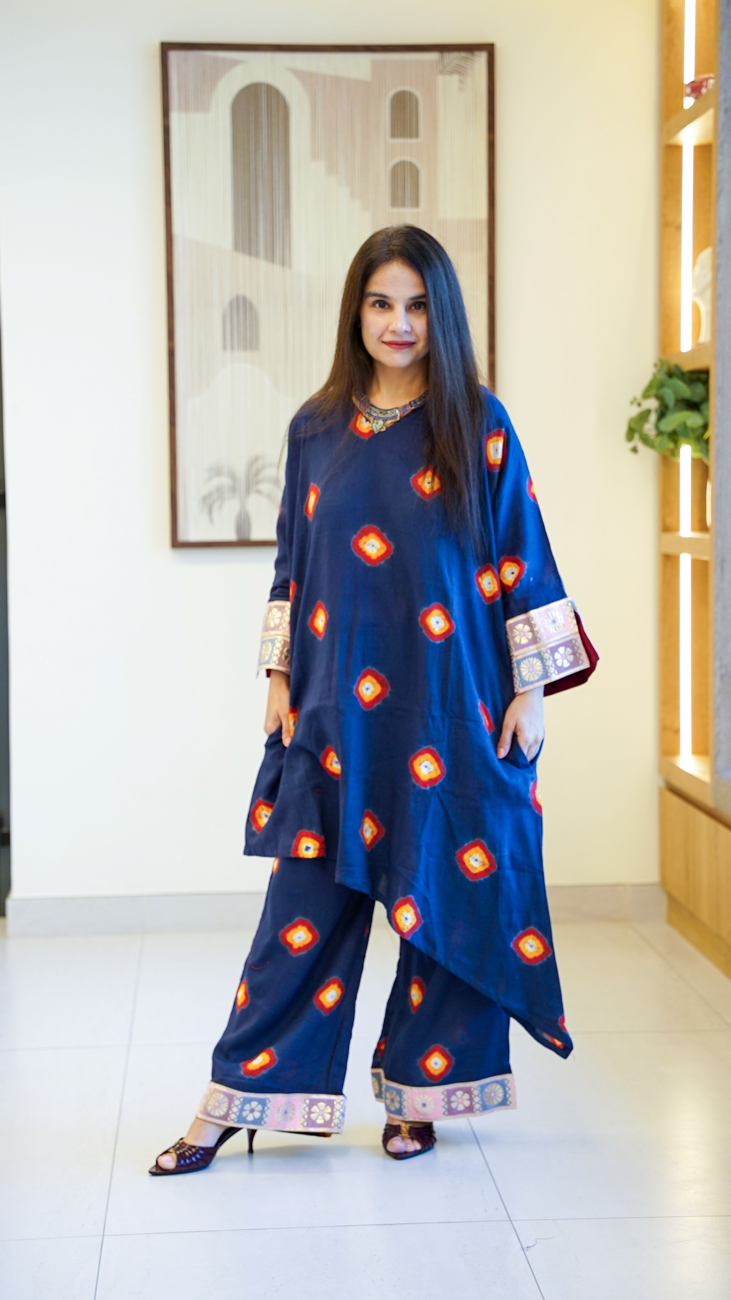 Slant-Cut Multicolor Bandhej Cotton-Silk Co-ord Set