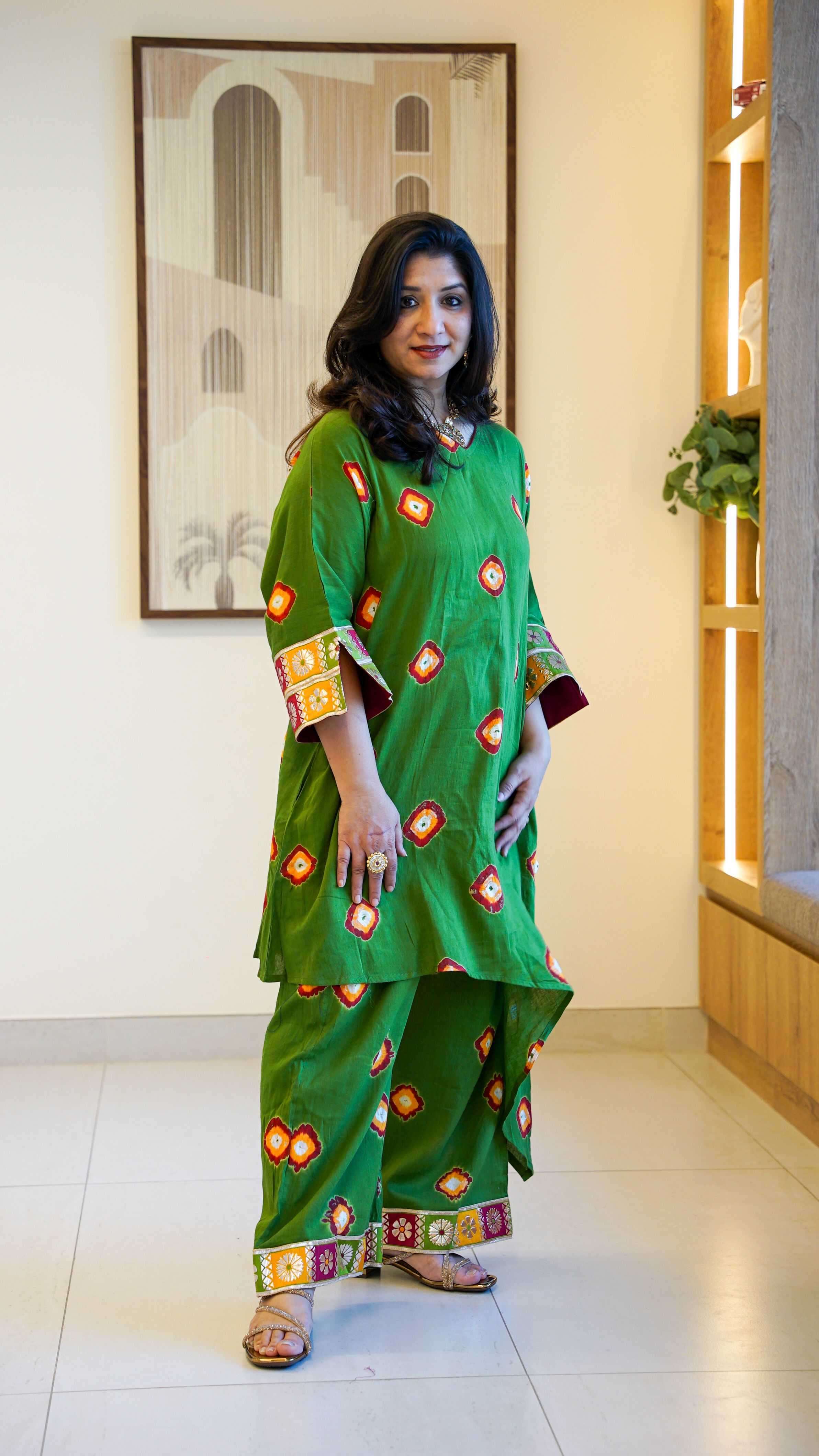 Slant-Cut Multicolor Bandhej Cotton-Silk Co-ord Set