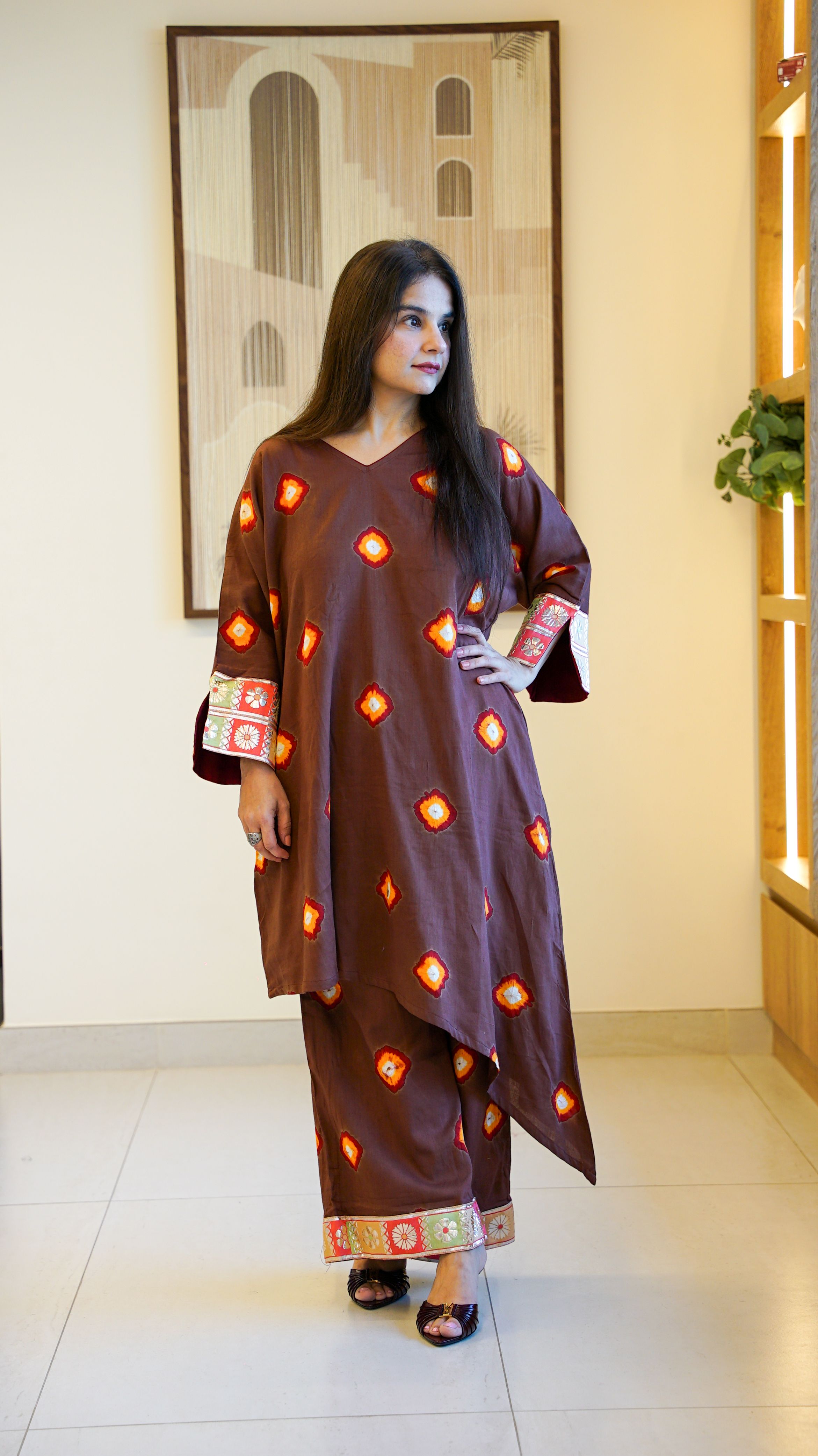 Slant-Cut Multicolor Bandhej Cotton-Silk Co-ord Set
