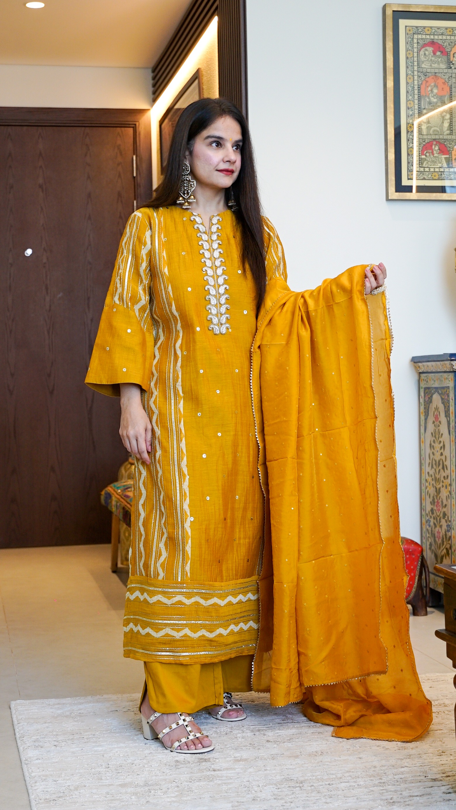 Mustard Mul Chanderi Salwar Suit Set with Paisley Pita Work