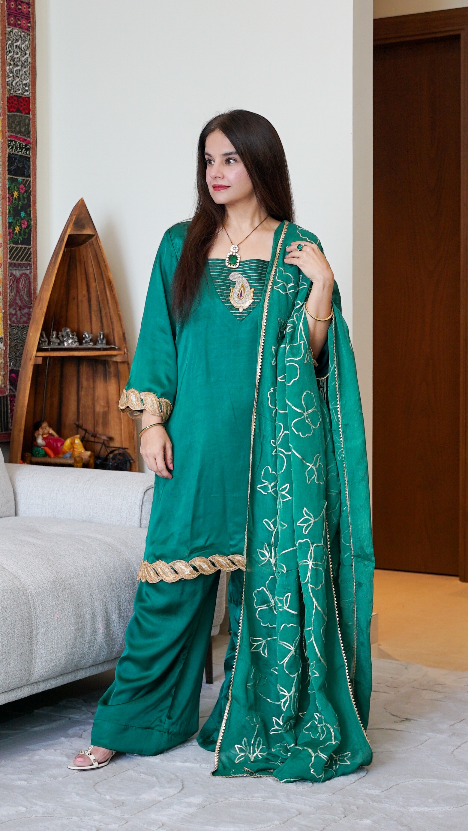 Emerald Green Modal Silk Short Kurta & Palazzo Set with Gota Chinon Dupatta