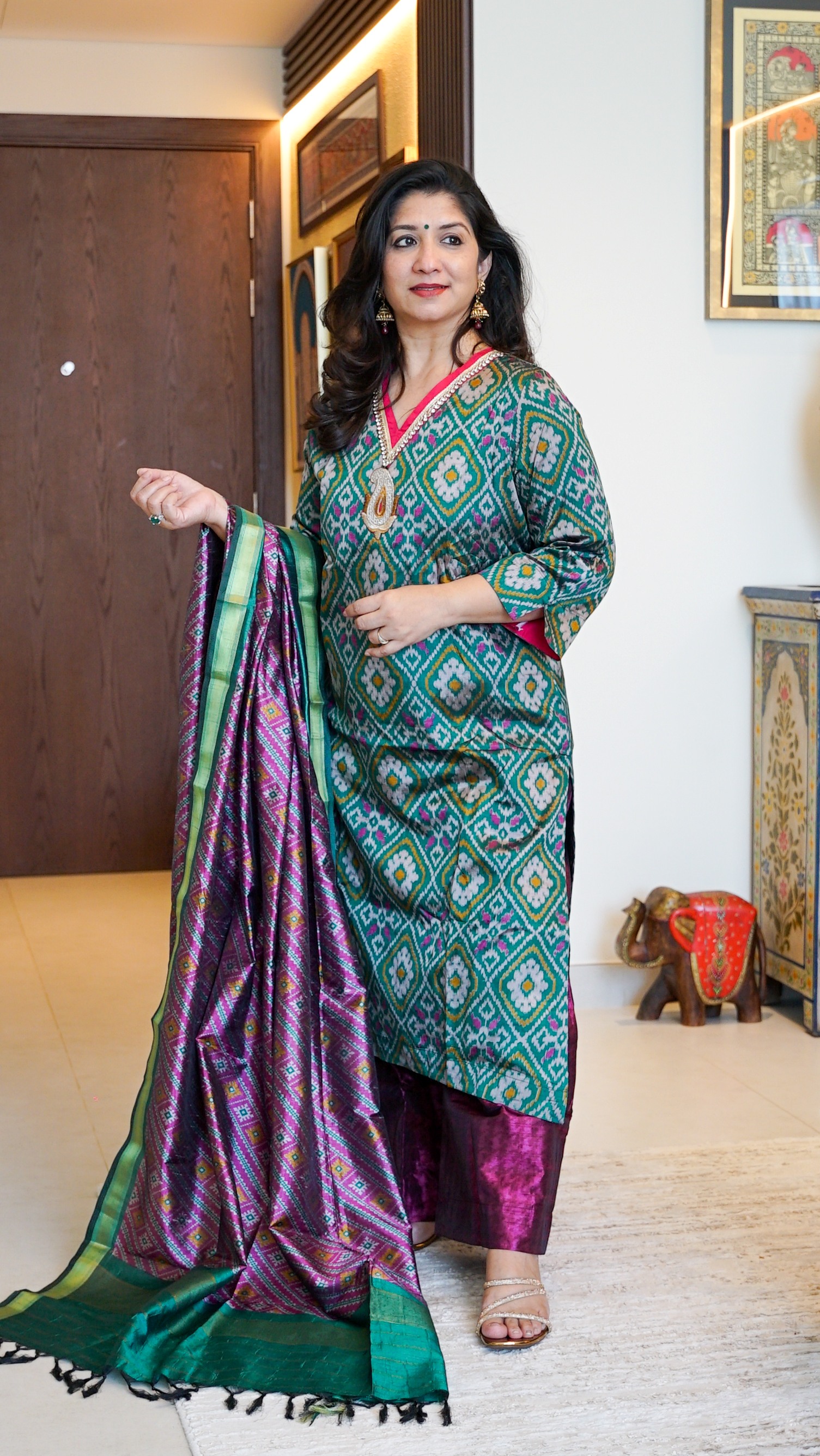 Silk Patola Salwar Suit Set - Teal & Green