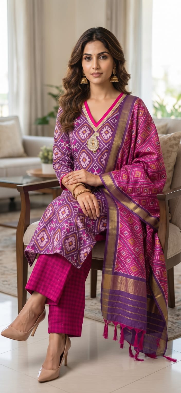 Silk Patola Salwar Suit Set - Purple