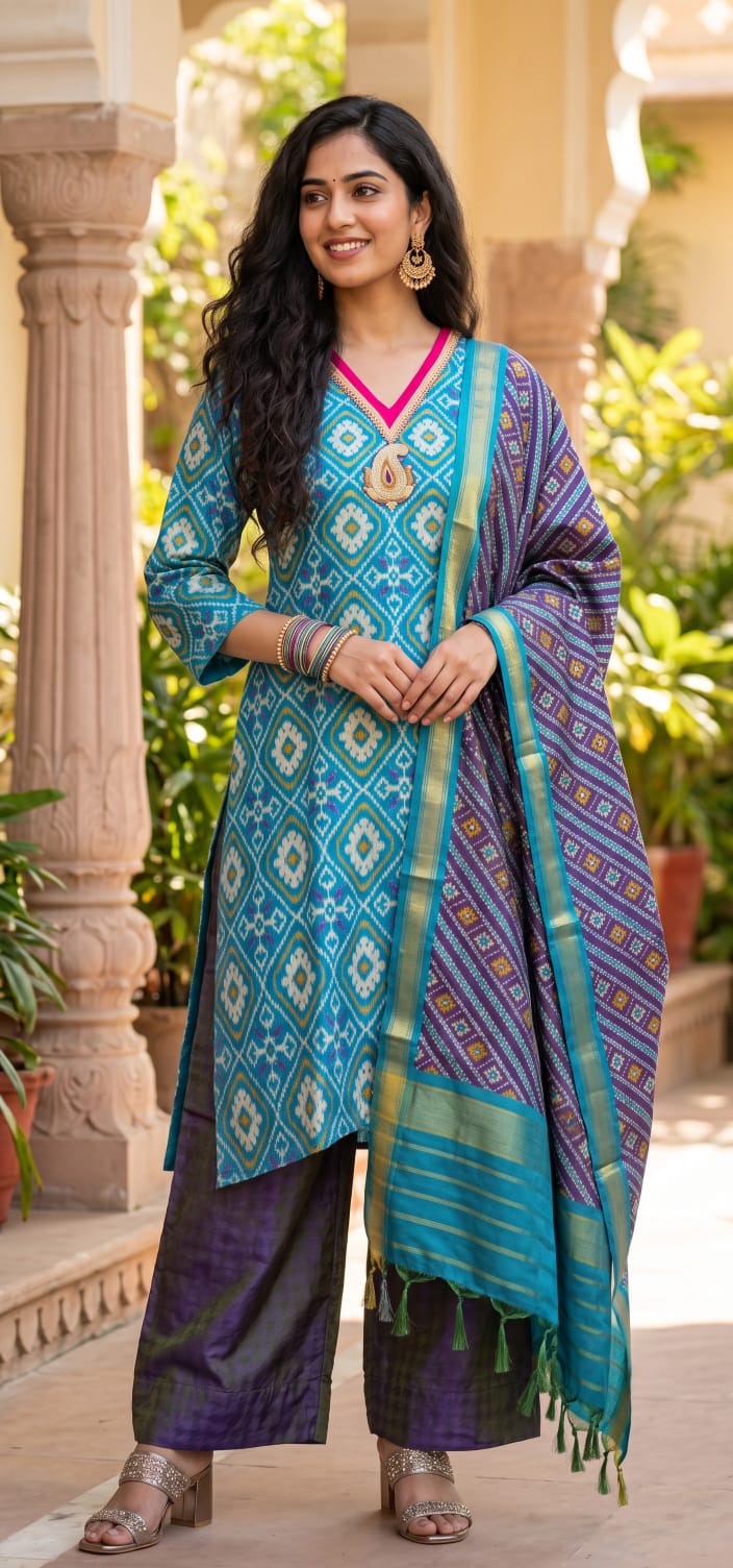 Silk Patola Salwar Suit Set - Turquoise