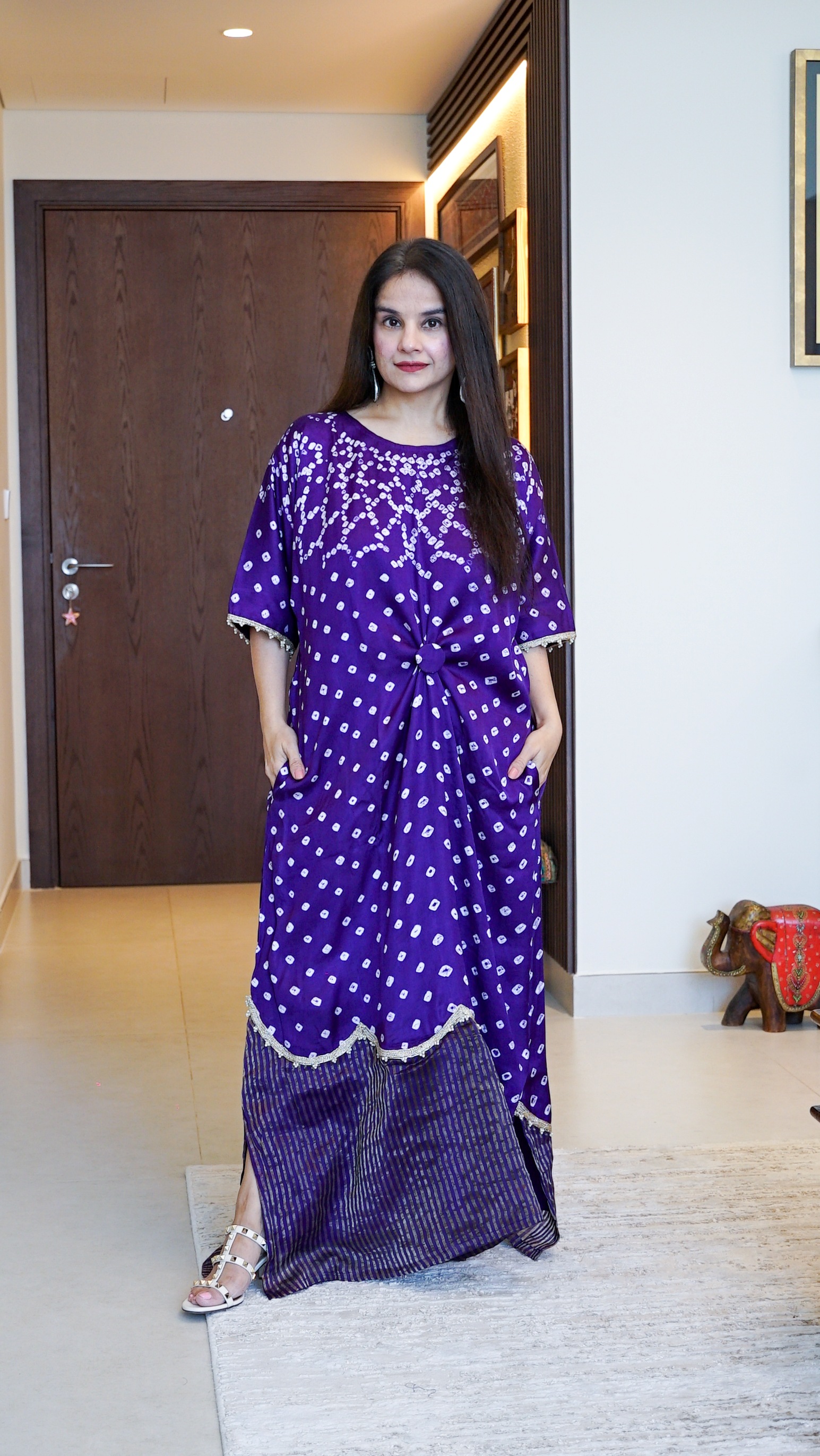 Purple Handwoven Cotton Silk Bandhej & Stripe Tissue One-Piece