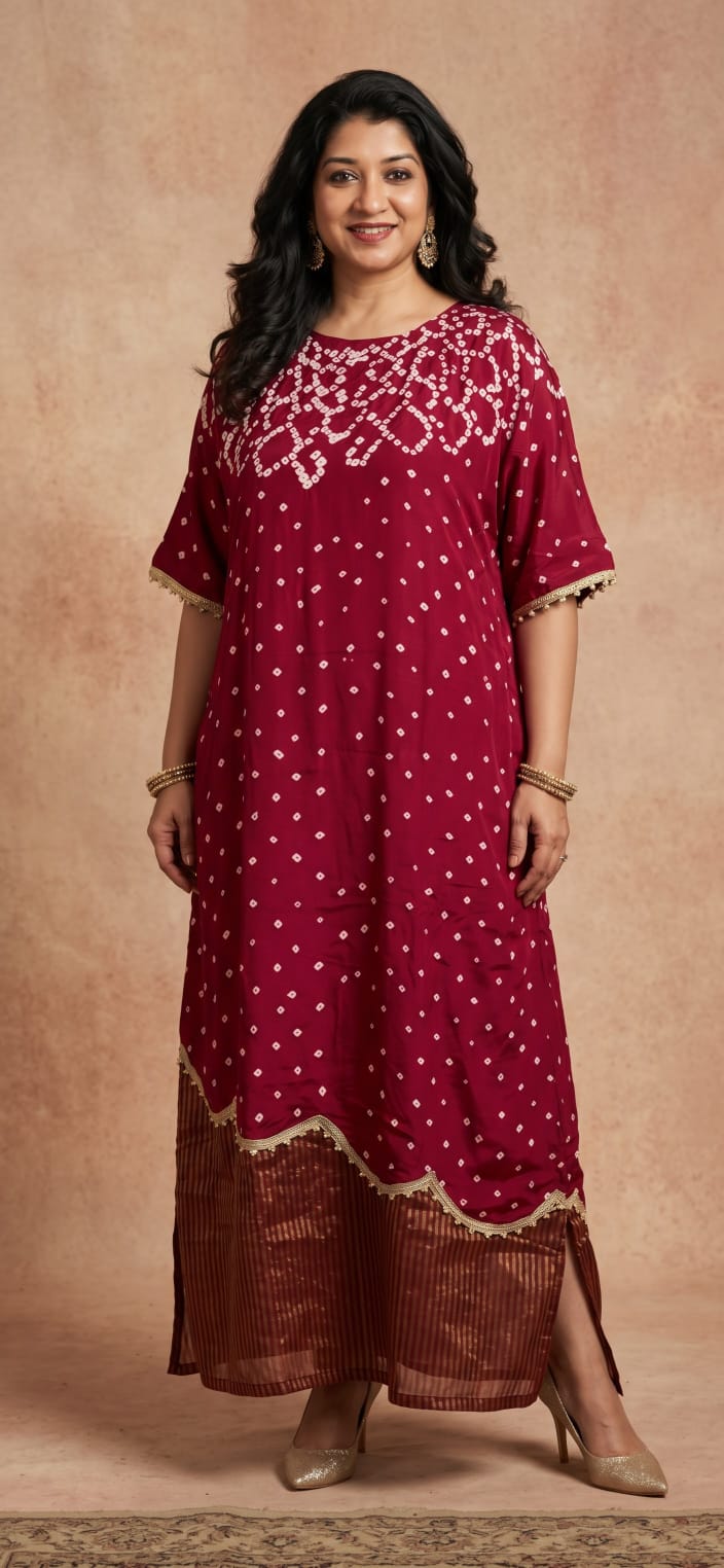 Red Handwoven Cotton Silk Bandhej & Stripe Tissue One-Piece