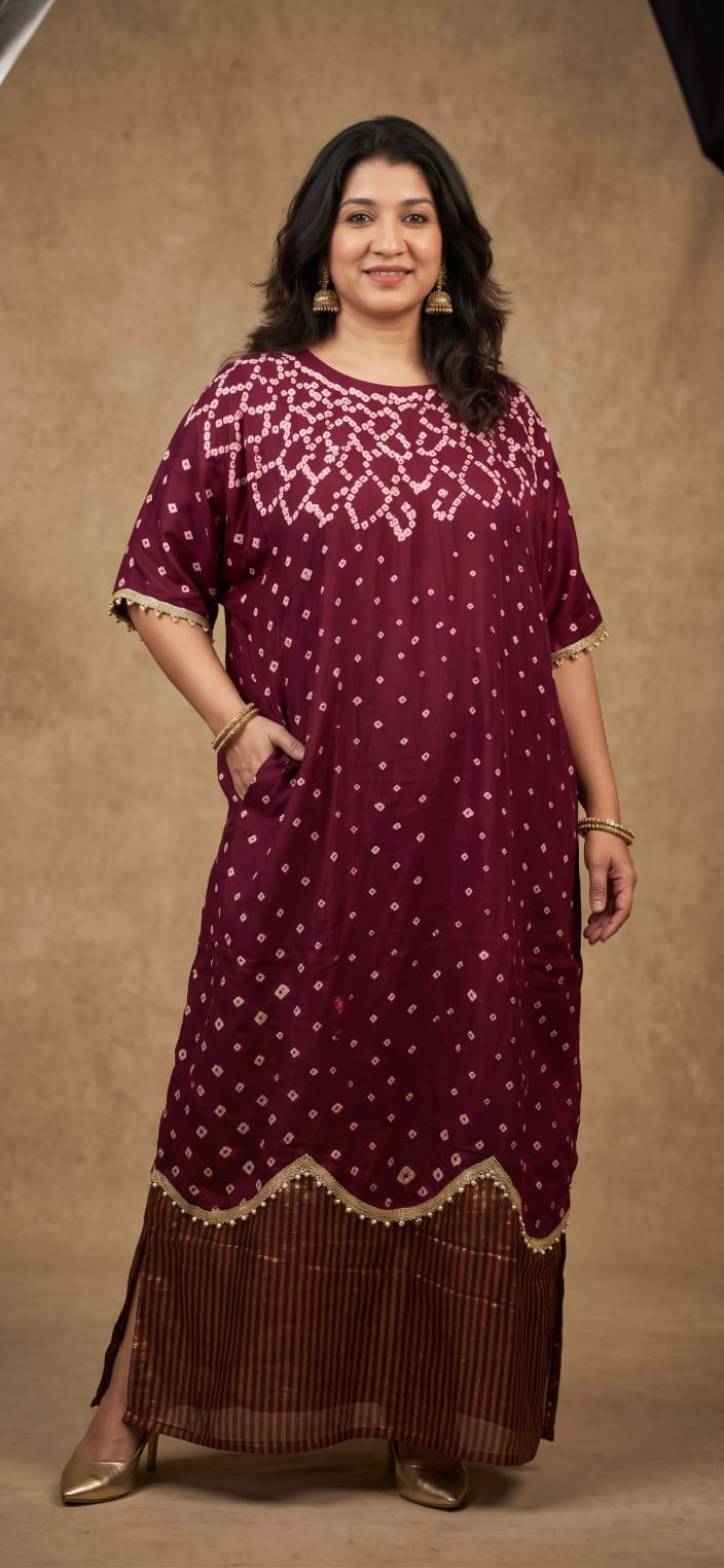 Maroon Handwoven Cotton Silk Bandhej & Stripe Tissue One-Piece