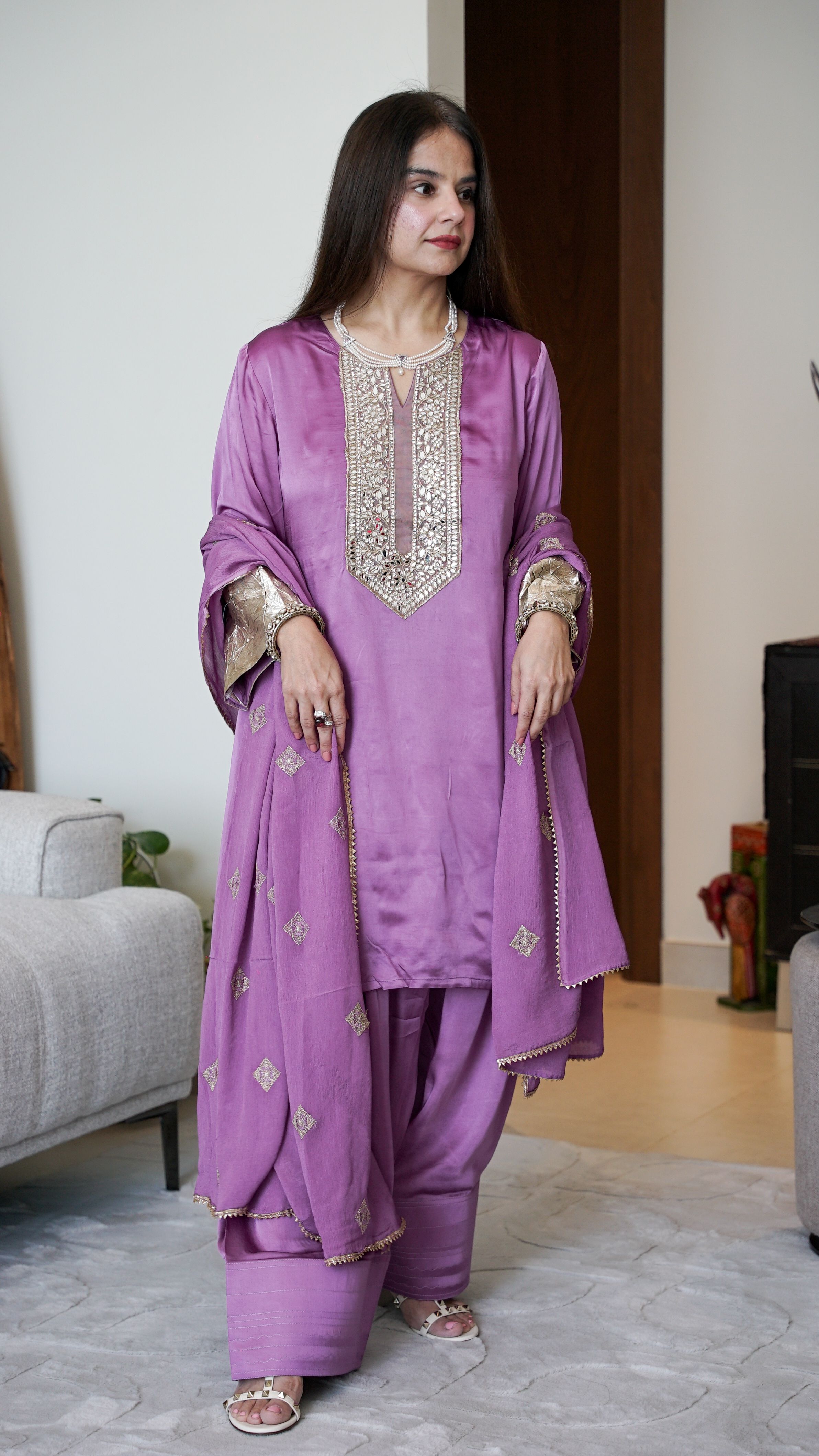 Lavender Modal Silk Kurta & Semi Farshi Salwar Set with Chinon Chiffon Dupatta