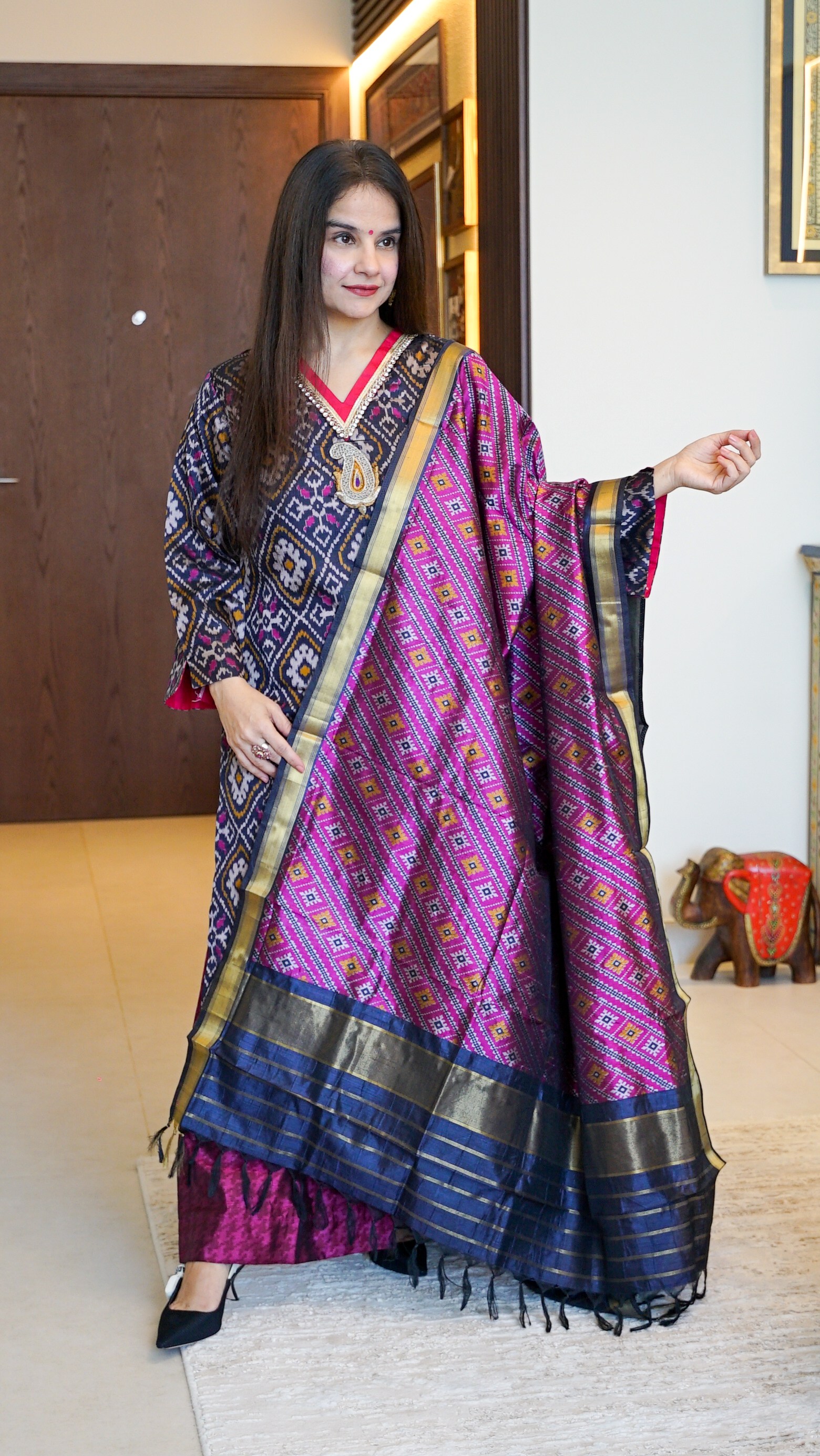 Silk Patola Salwar Suit Set - Navy Blue